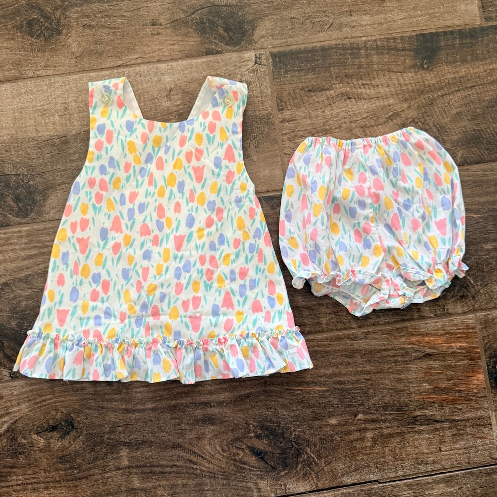 Ruth Scharf Vintage‎ Kids Pastel Tulip Floral Pinafore Top and Bloomers Set,4T